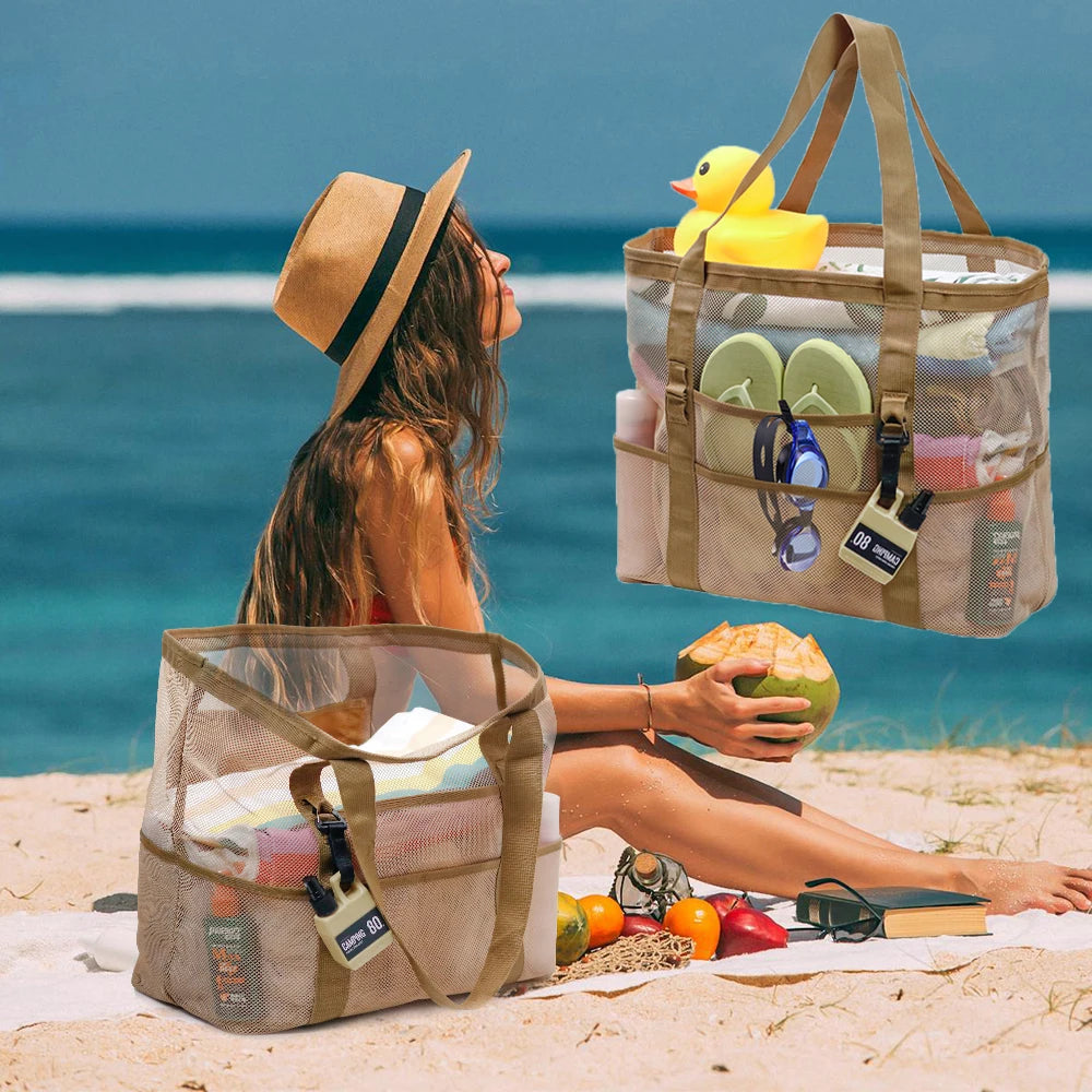 1Pc Extra Large Mesh Beach Bag, Swimming Bag for Children Beach Toy Baskets Portable Travel Storage Wash Bag Quick Dry Tote